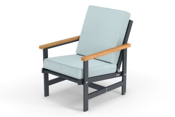 Scandi armchair with armrests frame color anthracite, natural wood, soft elements light gray