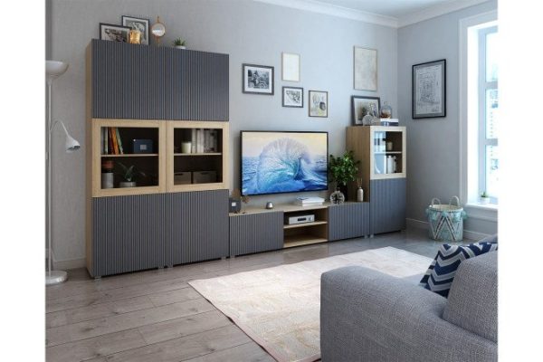 jace4gfghyta6jyvcmk6w2n4cgp4m89x.jpg Living room Oscar Amelie with cabinet and wardrobe with push-to-open, sonoma oak/graphite wave