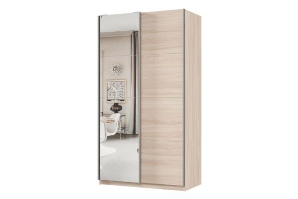 Sliding wardrobe 2-door Praktik 120x220x60 cm, light Shimo ash, silver profile, with one mirror
