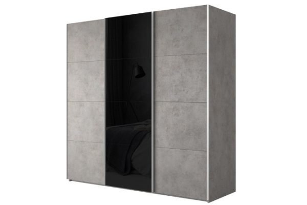 3-door wardrobe Comet 270x240 cm light concrete, black glass fronts, light concrete