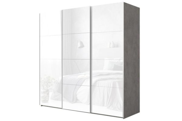 3-door wardrobe Comet 270x240 cm light concrete, white glass facades