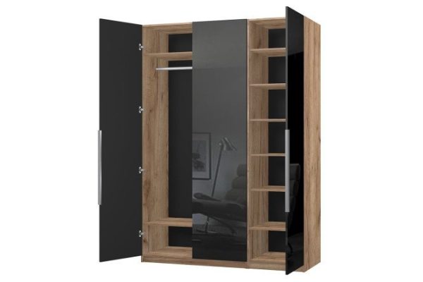 3-door wardrobe Oscar Amika 150x236x59.6 cm, Craft tobacco oak, glossy black graphite