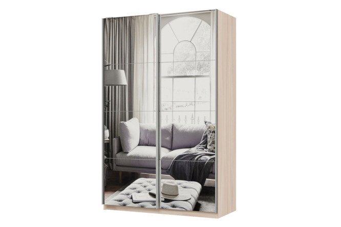 Sliding wardrobe 2-door Praktik 140x240x60 cm, light Shimo ash, silver profile, with two mirrors
