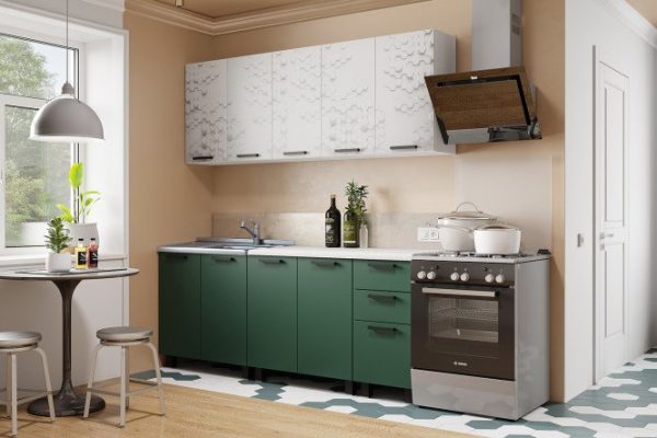 Kitchen set 3D techno 200x216.6x60 cm, frame color white, facade white, green