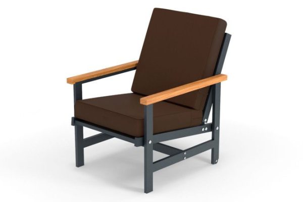 Scandi armchair with armrests, frame color anthracite, natural wood, soft elements dark brown