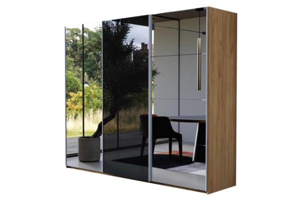 3-door wardrobe Comet 300x240 cm kraft oak tobacco, mirror fronts, black glass