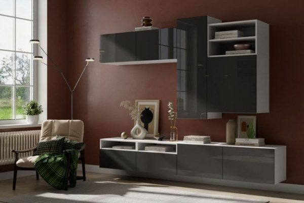 Living room Oscar Amika 4 doors and 4 drawers with push-to-open, white / black graphite gloss