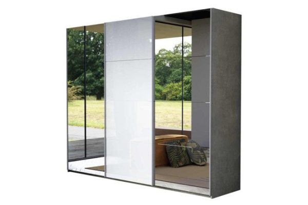 3-door wardrobe Comet 240x220 cm light concrete, white glass facades, mirror