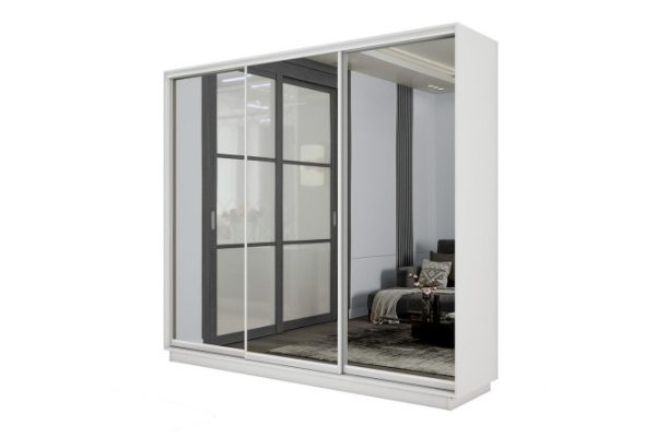 3-door wardrobe Slide-2 210x240x60 cm, Snow white/silver, with three mirrors