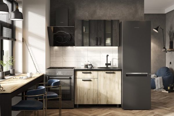 Kitchen set Edinburgh 100x216x60 cm, frame color kraft oak gray, facade iron stone, kraft oak gray