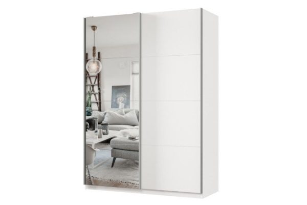 Sliding wardrobe 2-door Praktik 160x220x60 cm, white, silver profile, with one mirror