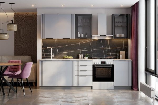 Kitchen Almeria 200x210x60 cm, frame color graphite gray, facade gray velvet