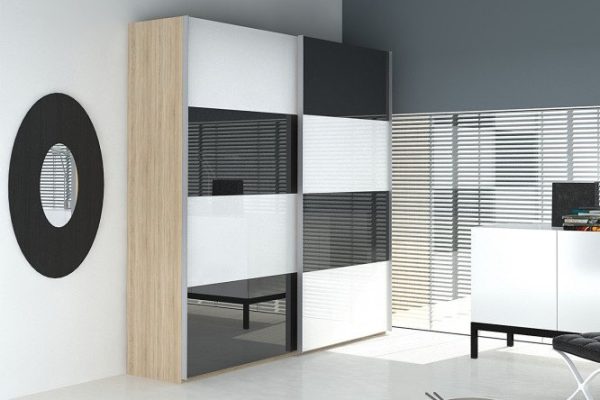 Sliding wardrobe 2-door Comet 200x240 cm Bardolino oak, white and black glass facades