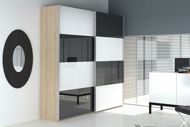 Sliding wardrobe 2-door Comet 200x240 cm Bardolino oak, white and black glass facades