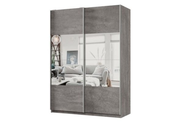 2-door wardrobe Praktik 160x240x60 cm, concrete, silver profile, with mirror inserts