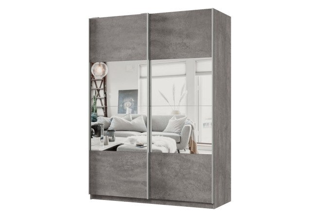 2-door wardrobe Praktik 160x240x60 cm, concrete, silver profile, with mirror inserts