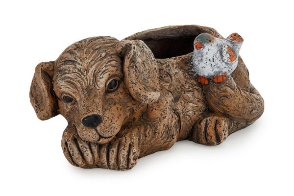 Decorative figurine of a Dog with a bird with a flower pot 15.5 cm, Magnesia