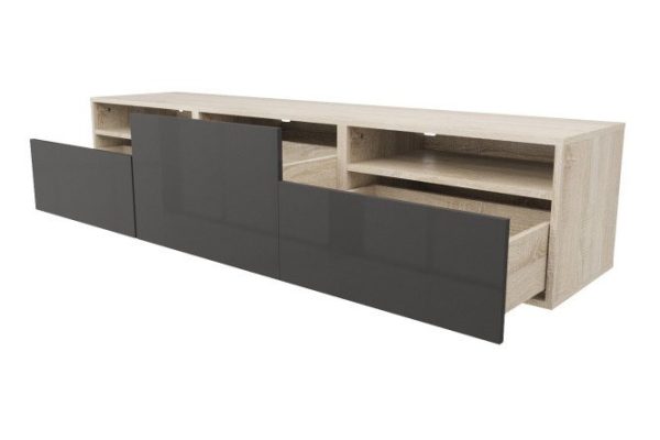 Cabinet with 3 drawers and 2 shelves Oscar Amika 180x38 with push to open, Sonoma oak / white gloss