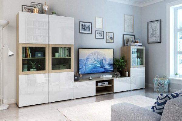 Living room Oscar with cabinet and push-to-open cabinets, Sonoma oak / white gloss