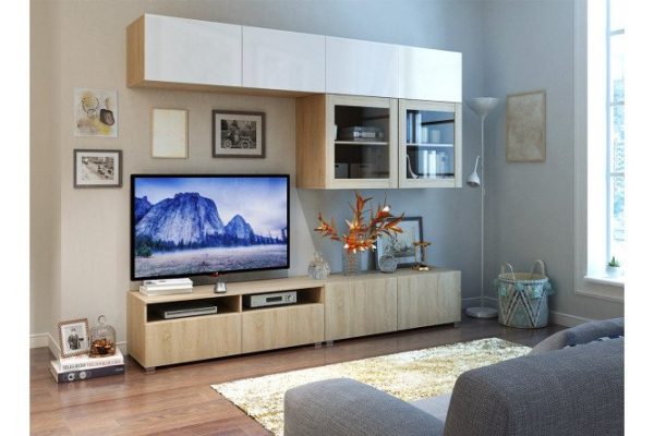 Living room Oscar Amika with push-to-open, sonoma oak / white gloss