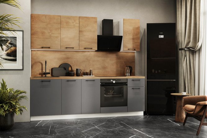 Kitchen set City 240x210x52.6 cm, frame color white, facade natural Irish oak, soft graphite