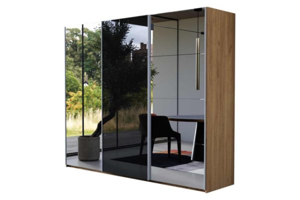 3-door wardrobe Comet 240x220 cm kraft oak tobacco, mirror fronts, black glass