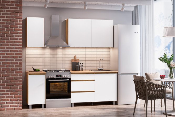 Kitchen set Denver 160x215x60 cm, gold oak frame, white facade