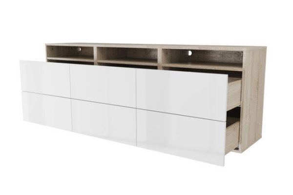 Cabinet 3 shelves and 6 drawers Oscar Amika 180x64 with push to open, Sonoma oak / white gloss