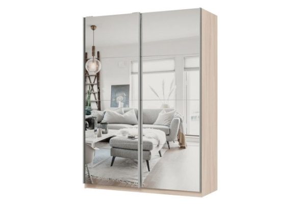 Sliding wardrobe 2-door Praktik 160x240x60 cm, light Shimo ash, silver profile, with two mirrors