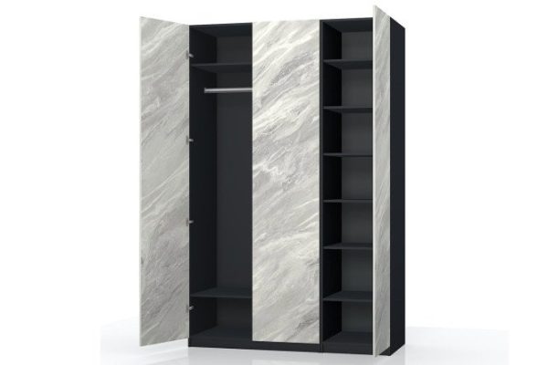 Wardrobe 3-door Oscar Marble 150x236x59.6 cm, anthracite, statuary