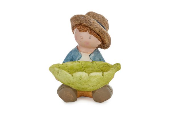 Decorative figurine Boy with a leaf with a bird feeder 29 cm, Magnesia