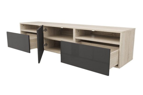 Cabinet with 2 drawers, door and shelves Oscar Amika 180x38 with closers, Sonoma oak / glossy black graphite