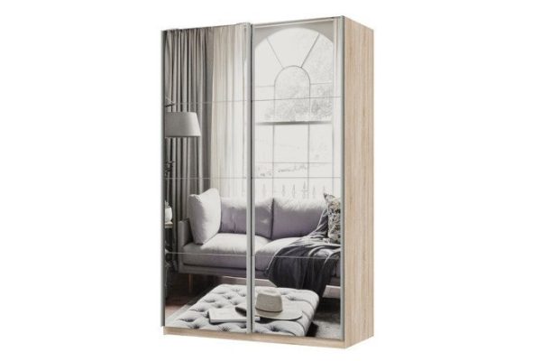 Sliding wardrobe 2-door Praktik 140x240x60 cm, Sonoma oak, silver profile, with two mirrors