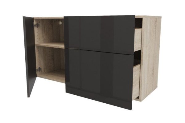 Cabinet with a door and 2 drawers Oscar Amika 120x64 with closers, Sonoma oak / glossy black graphite