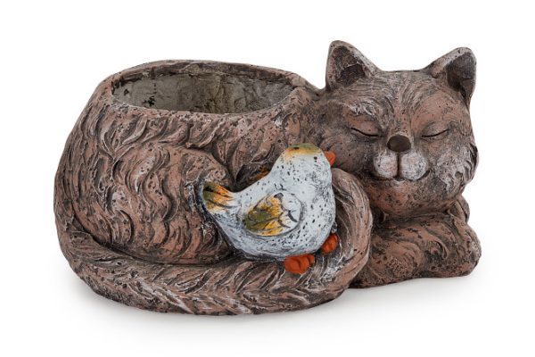 Decorative figurine of a cat with a bird with a flower pot 17 cm, Magnesia