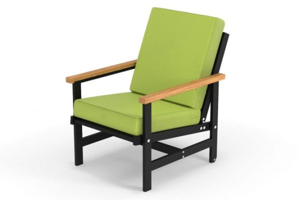 Scandi armchair with armrests, frame color black, natural wood, soft elements light green