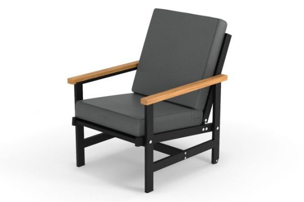 Scandi armchair with armrests, frame color black, natural wood, soft elements gray
