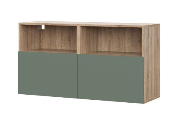 Cabinet Oscar Moon 120x64 with 2 drawers and 2 shelves, sonoma oak / soft olive