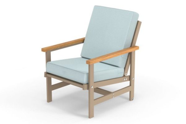 Scandi armchair with armrests, frame color cappuccino, natural wood, soft elements light gray