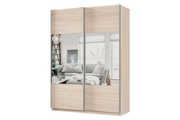 Sliding wardrobe 2-door Praktik 160x220x60 cm, light Shimo ash, silver profile, with mirror inserts