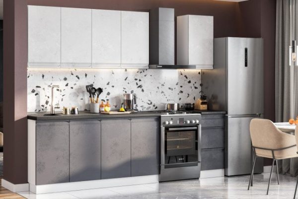 Kitchen set Velvet 200x214.2x50.6 cm, frame color white, facade snow concrete, graphite concrete