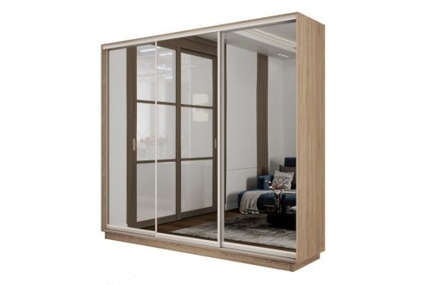 3-door wardrobe Slide-2 180x220x45 cm, Sonoma/silver, with three mirrors