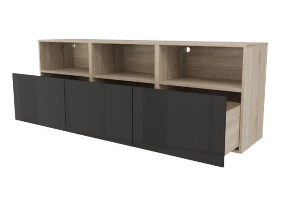 Cabinet 3 shelves and 3 drawers Oscar Amika 180x64 with push to open, Sonoma oak / glossy black graphite