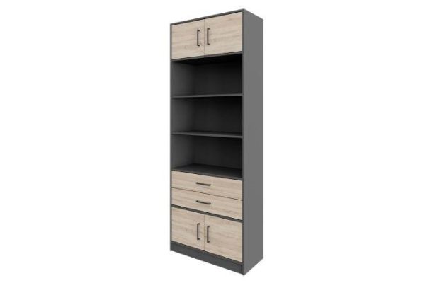 Shelving unit Virage with 2 drawers and 4 doors, graphite gray/sonoma oak