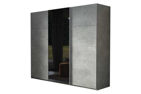 3-door wardrobe Comet 240x220 cm light concrete, black glass fronts, light concrete