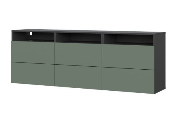 Cabinet Oscar Moon 180x64 with 6 drawers and 3 shelves, anthracite / olive soft