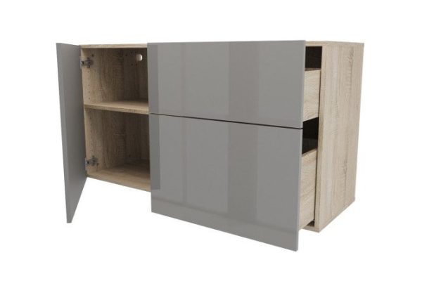 Cabinet with door and 2 drawers Oscar Amika 120x64 with push to open, Sonoma oak / dusty gray gloss
