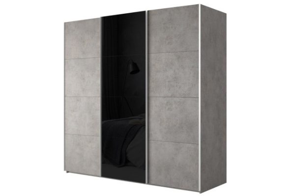3-door wardrobe Comet 240x240 cm light concrete, black glass fronts, light concrete