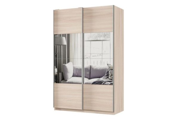 Sliding wardrobe 2-door Praktik 140x220x60 cm, light Shimo ash, silver profile, with mirror inserts