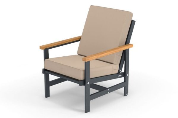 Scandi armchair with armrests, frame color anthracite, natural wood, soft elements beige
